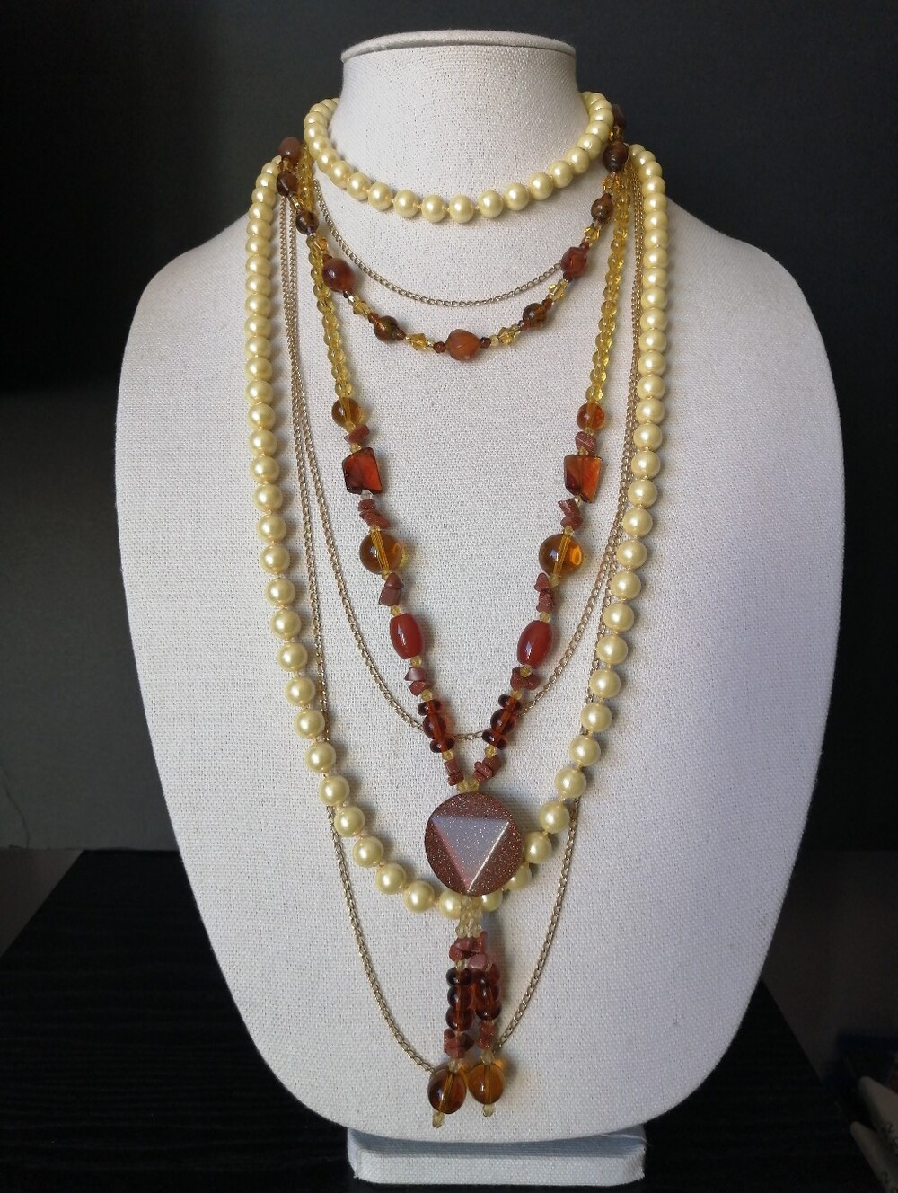 4pcs Layered Faux Pearl Faux Amber Bead Goldtone Chain Necklaces Bundle